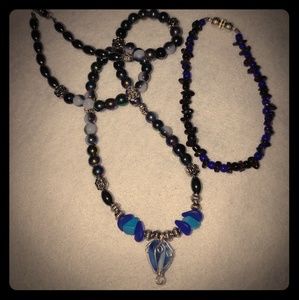 Blue necklace with Teardop metal wrapped pendant